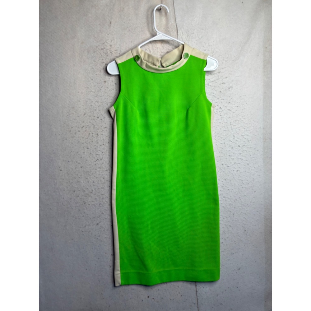 Vintage Flutterbye Lime Green Mod Ribbed Shift Dress Cream Trim Sleeveless 60s